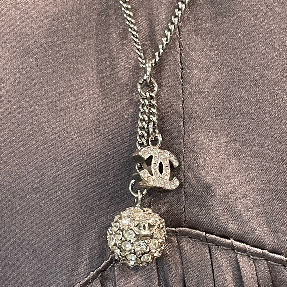 COPY CHANEL Paladium Plated and Strass CC &Ball Drop Pendant Necklace, 23.5”, - Picture 7 of 11